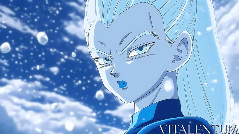 Icy blue warrior portrait in stylized anime snowfall scene.