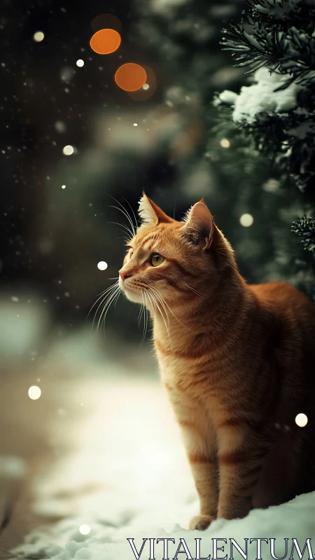 Ginger Cat Watches Snowy Night Lights. Winter Wonder.