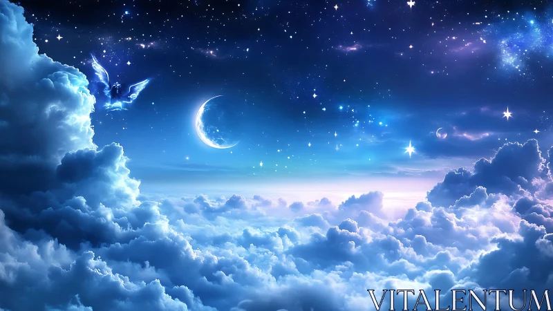 Fantasy night sky over clouds with glowing angel figure.