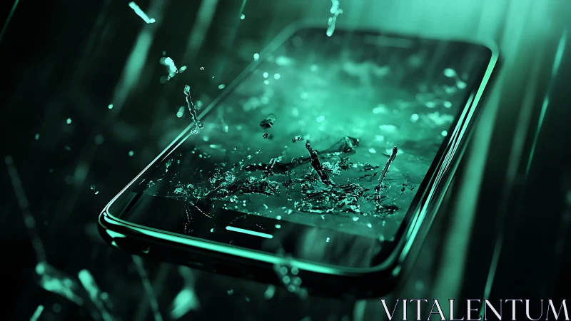 Water splash across glowing smartphone screen in rainstorm.