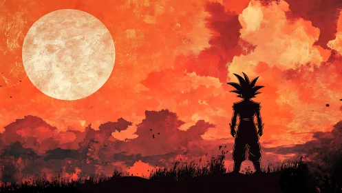Saiyan silhouette studies burning red sunset horizon.