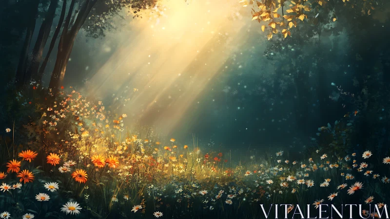 Digital painting of luminous wildflower clearing in forest light.