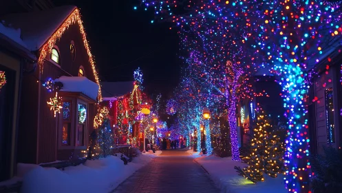 Snowy village lane glowing with colorful holiday lights.