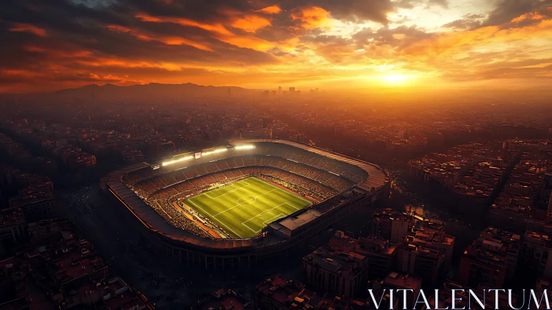 Floodlit football stadium glows over dense city at sunset