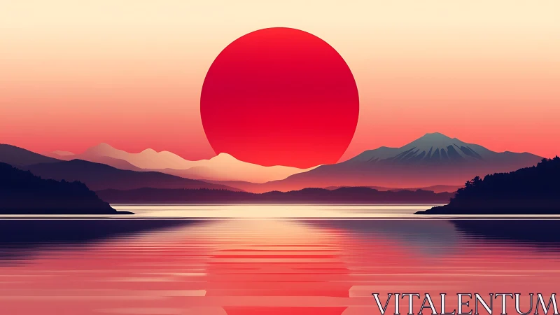 Crimson sun descends over tranquil minimalist mountainscape