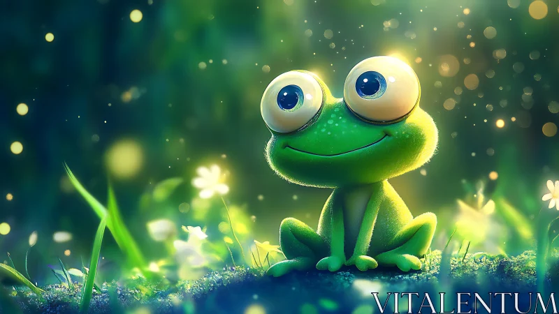Glowing forest frog smiles beneath dreamy firefly lights.