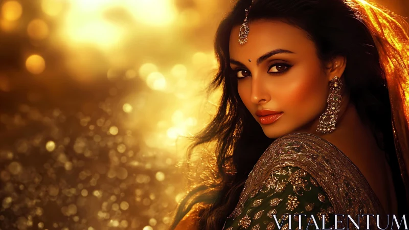 Golden hour portrait of woman in jeweled green saree, bokeh field