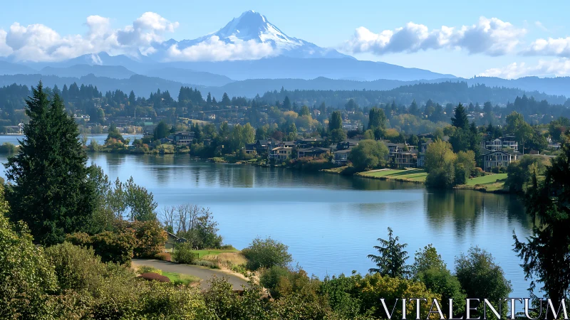 Lakeside suburb dreaming beneath a distant snow crown.