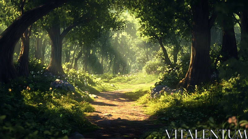 Enchanted woodland corridor breathes golden luminescence.