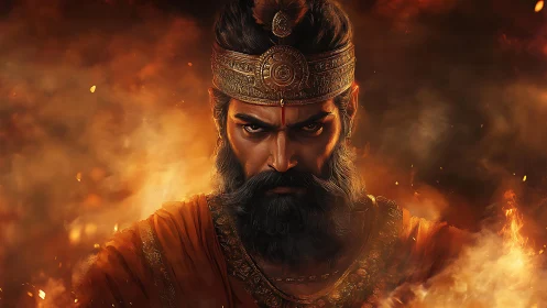 Intense bearded king in firelit digital portrait artwork.