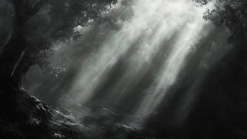 Sunlight pierces misty forest clearing with dramatic contrast