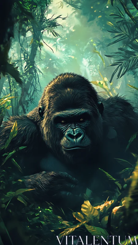 Gentle jungle gorilla rests calmly amid glowing green leaves