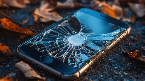 Shattered smartphone glints like fractured ice on dusk pavement.