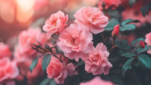 Pink garden roses with foliage in soft sunlight.