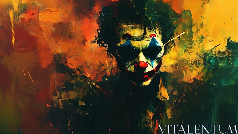 Expressionist clown portrait rendered in high-contrast chromatic turbulence