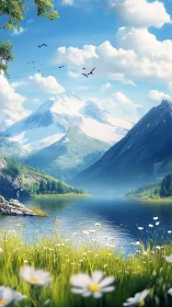 Wildflowers whisper while sunlit mountains guard the lake