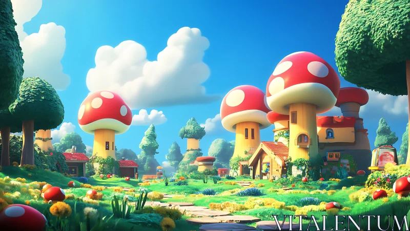 Whimsical mushroom village under bright cartoon sky.