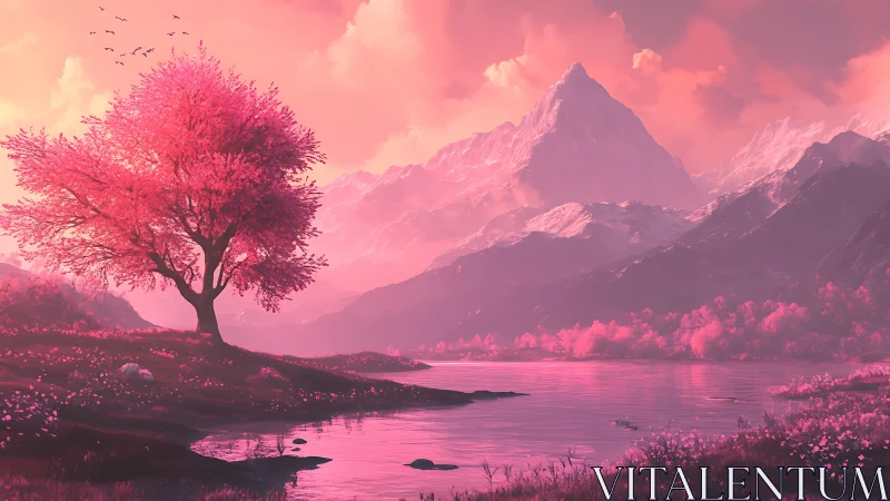 Rose-tinted alpine lake with solitary blossom tree at dusk.