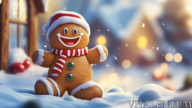 Gleeful gingerbread snow-hopper under glowing cottage windows.