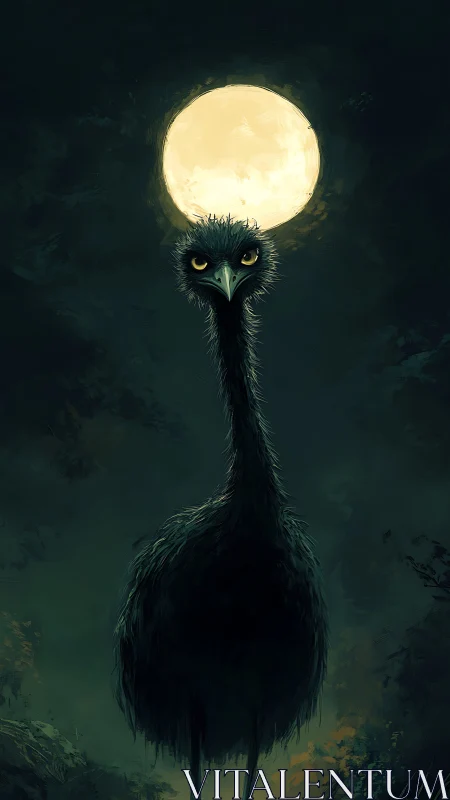 Tall moody emu stands beneath a full moon in eerie forest