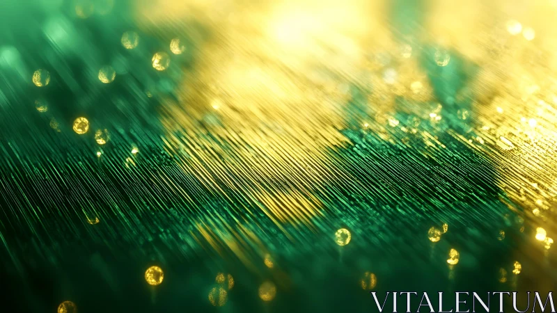 Abstract green and gold bokeh with linear texture and light effects.