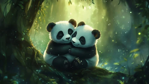 Forest cuddle dream with two glowing baby panda hearts.