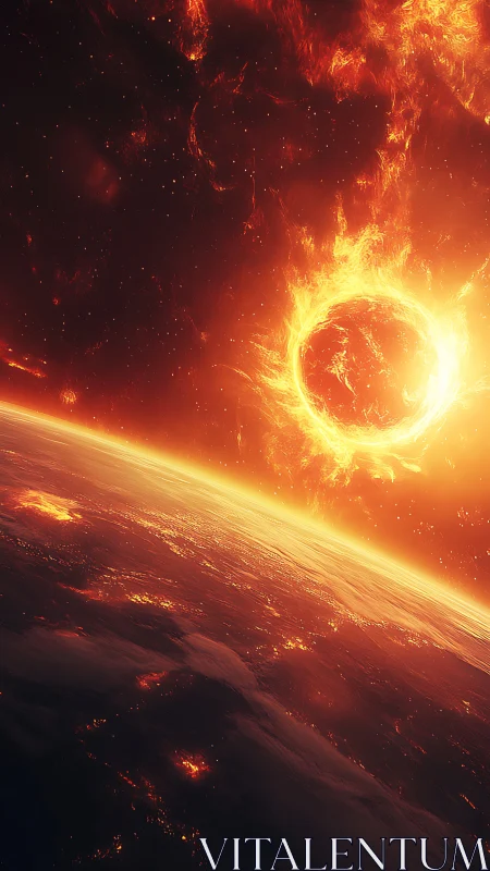 Blazing cosmic sunrise over a glowing, storm-lit planet.