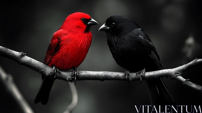 Striking Red and Black Birds Perched on Branch in Moody Contrast.