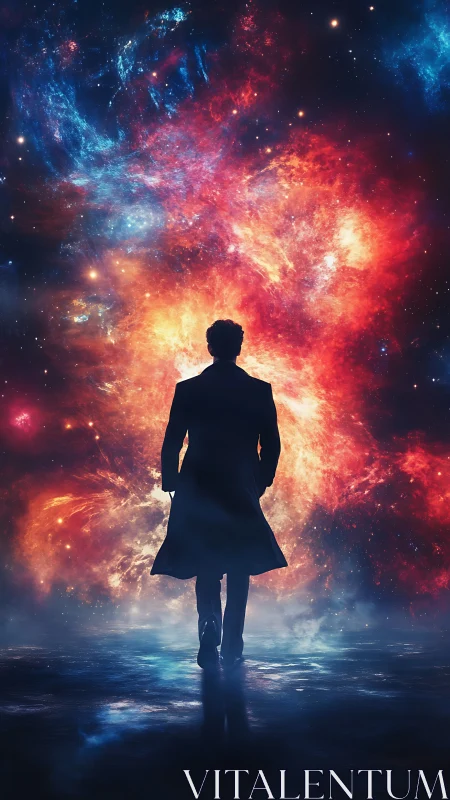 Solitary figure walks into radiant cosmic nebula gateway.