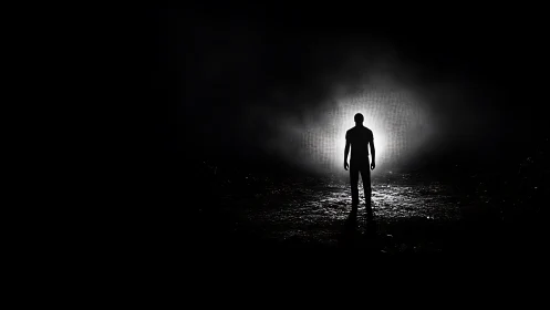 Silhouette of lone person standing in harsh backlight at night.