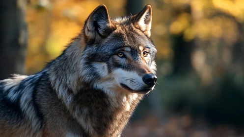 Autumn backlit wolf portrait captures detailed fur and gaze