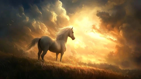Luminous white horse in storm-lit meadow against radiant clouds