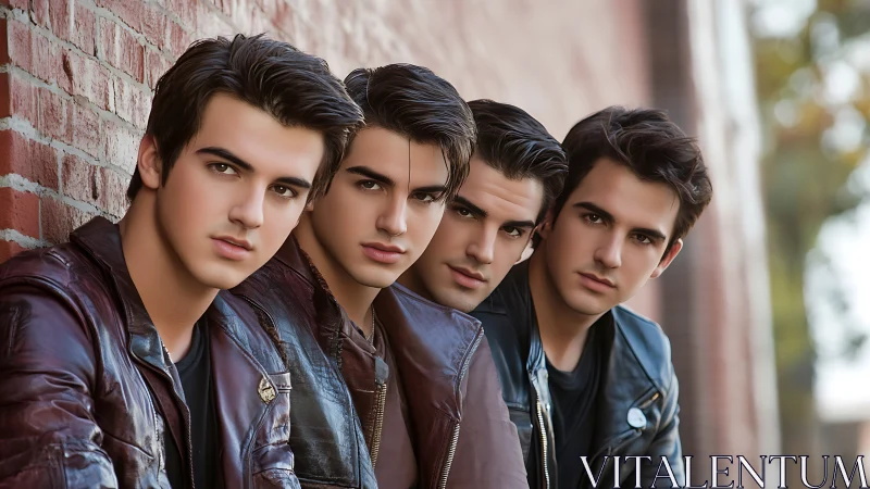 Four young men leaning against brick wall in leather jackets.