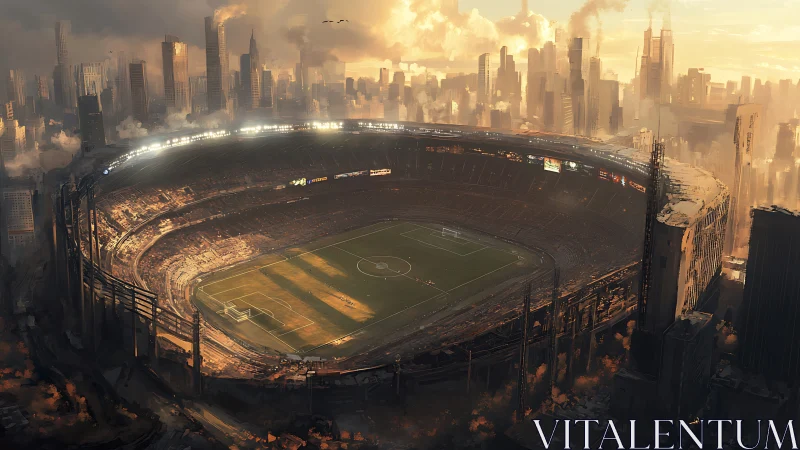 Ruined football stadium in dense dystopian megacity.