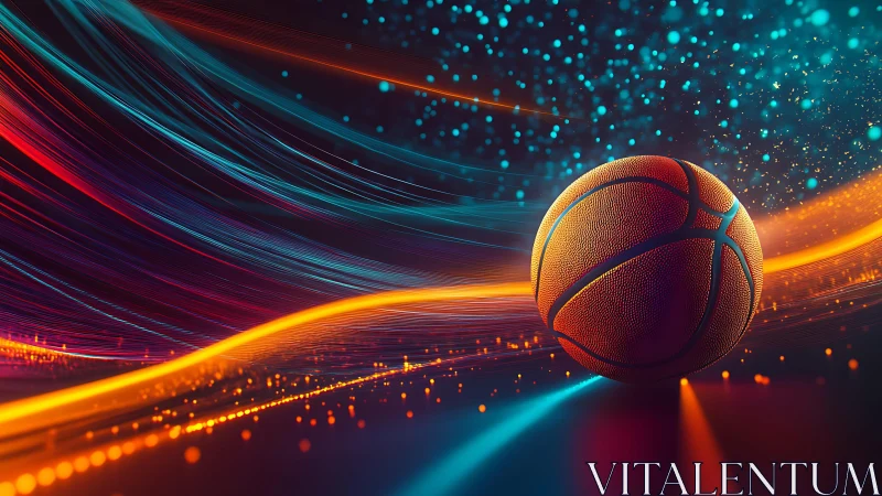 Basketball glows within neon motion trails and digital sparks.