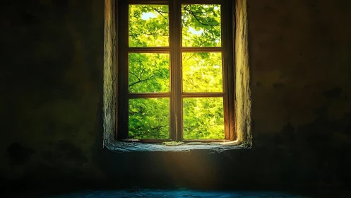 Sunlit wooden casement window framing verdant leafy canopy