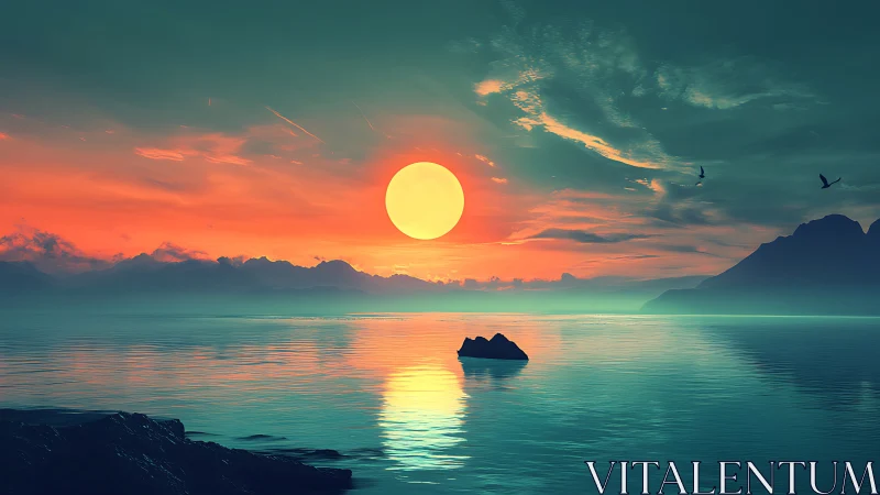 Spectral sunset over tranquil bay with high-chroma reflections.