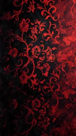 Red damask floral scrolls emerge through dark textured ground