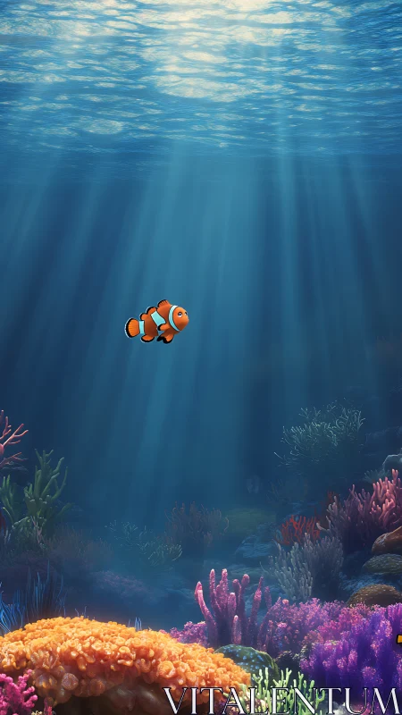 Digital painting of clownfish in vertical reef light shaft tableau.