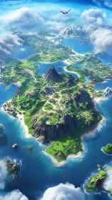 Aerial Archipelago: Multi-Peak Volcanic Island Chain with Dense Vegetation and Atmospheric Perspecti