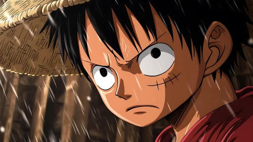 Intense anime close-up under rainfall with dynamic rim lighting