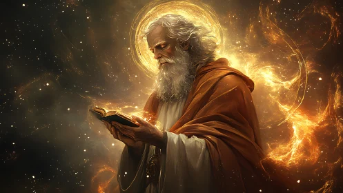 Elderly robed figure studies illuminated book in void