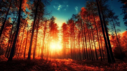 Radiant Sunrise Through Towering Forest Silhouettes.