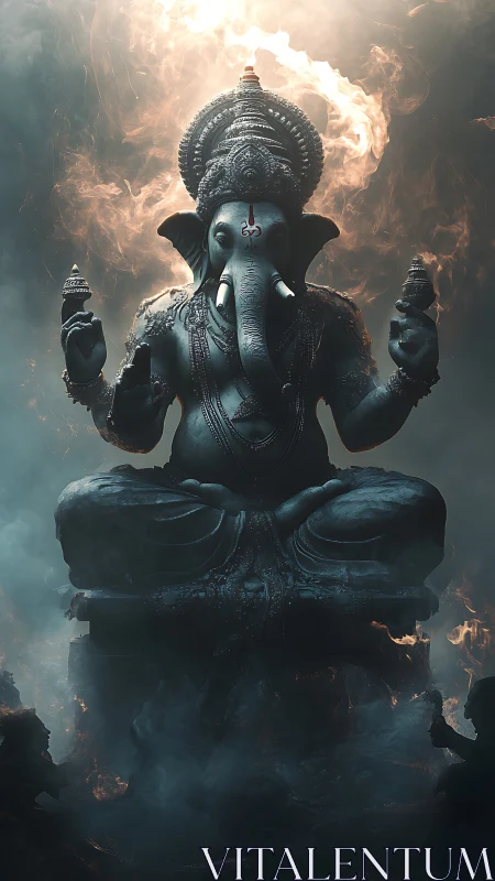 Majestic Ganesha statue rises through swirling sacred smoke