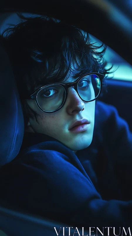 Moody blue portrait of teen with glasses in car seat.