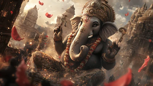 Elephant-headed deity statue amid ornate stone temples.