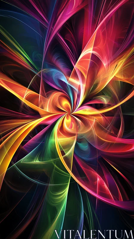 Radiant neon vortex unfurls as swirling abstract energy