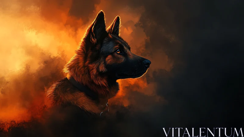 German shepherd profile in vivid orange smoke portrait.