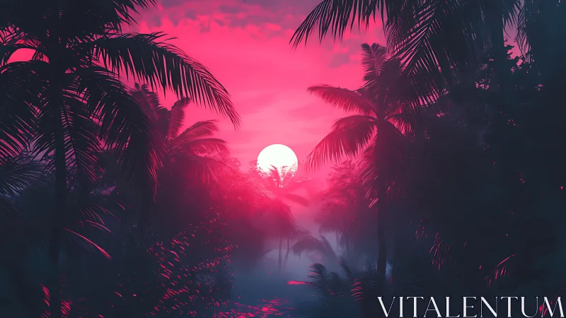 Neon pink sunset illuminates silhouetted tropical palm forest