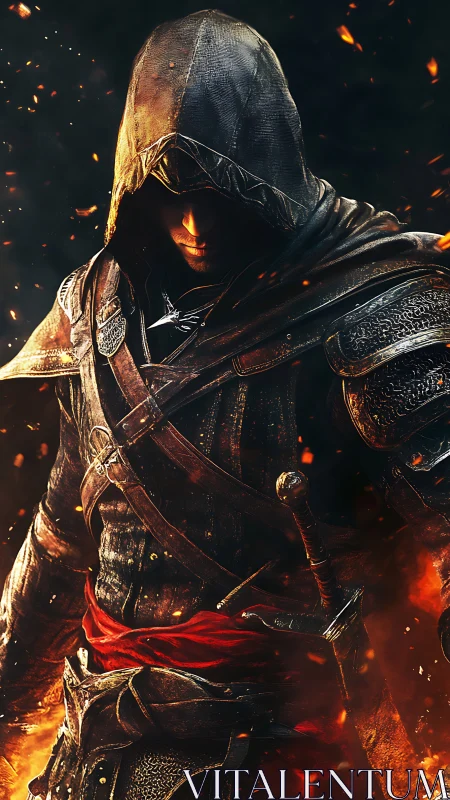 Hooded armored figure stands in firelit, ember-filled darkness